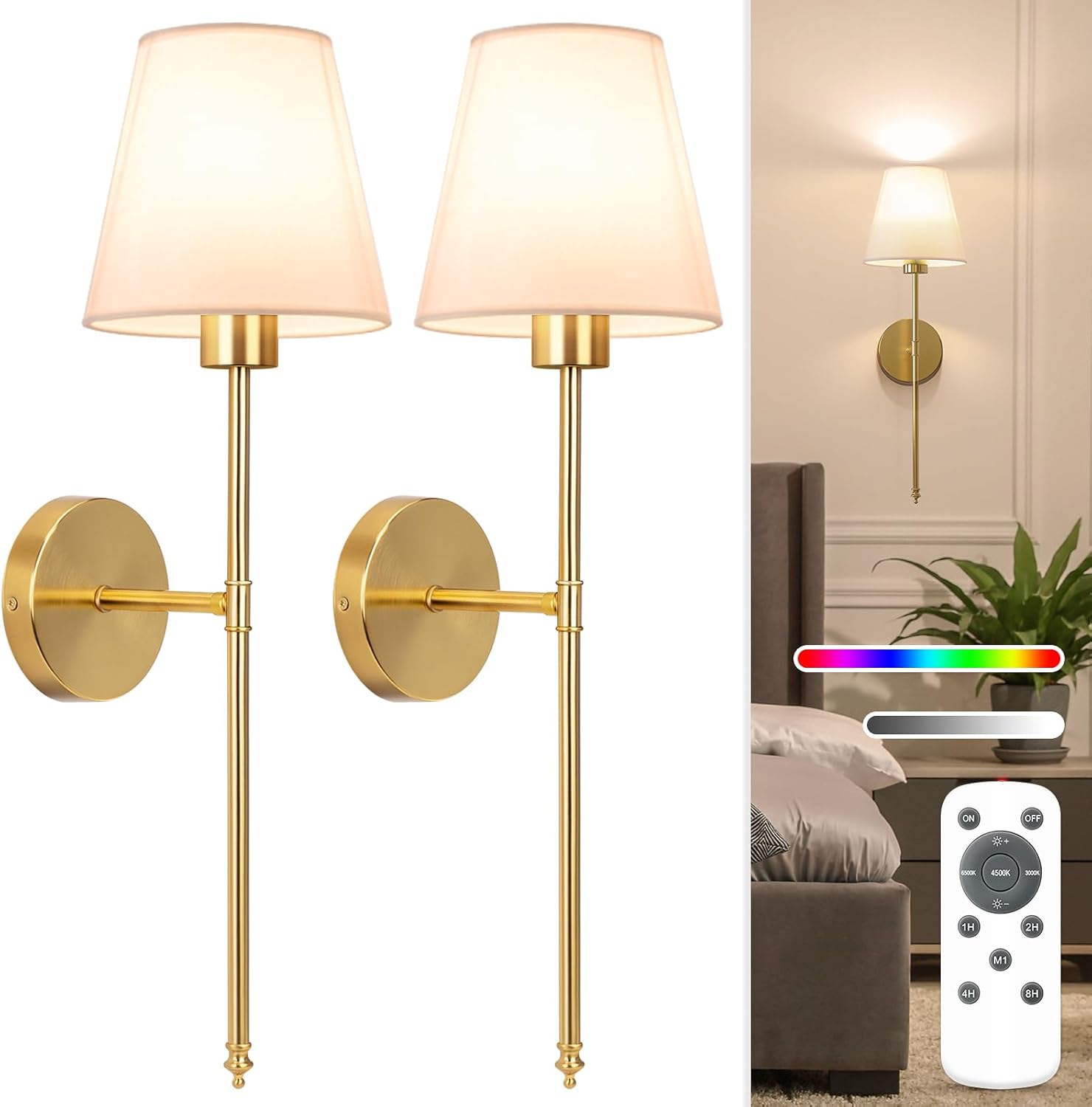 Battery Operated Gold Wall Sconce Set